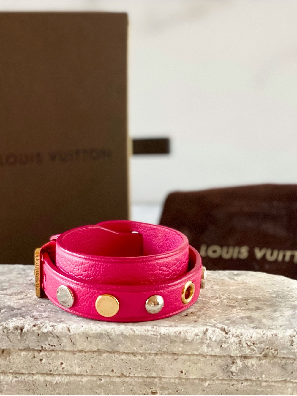 Authentic Louis Vuitton Hot Pink Spike It Leather Stud Wrap Bracelet